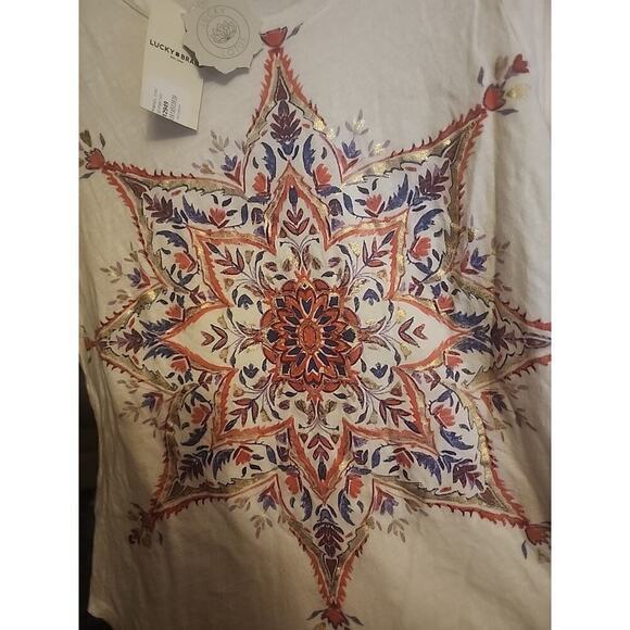 Lucky Brand Lotus Women Tunic Top Tee Small Geometric 3/4 Sleeve Beige Boho A120 - Picture 2 of 6